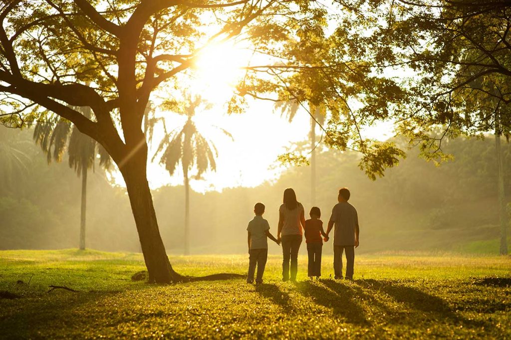 family with 2 children in park holding hands