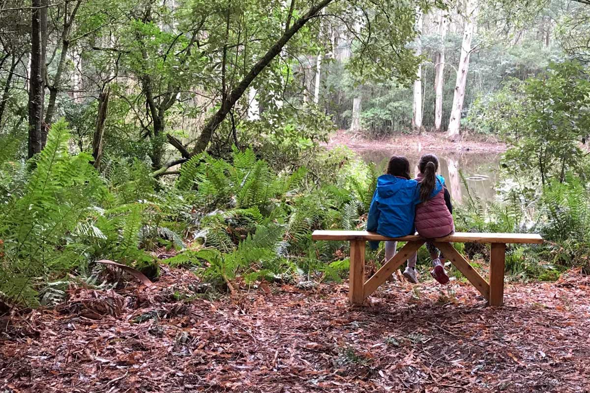 two young girls sitting in the forest